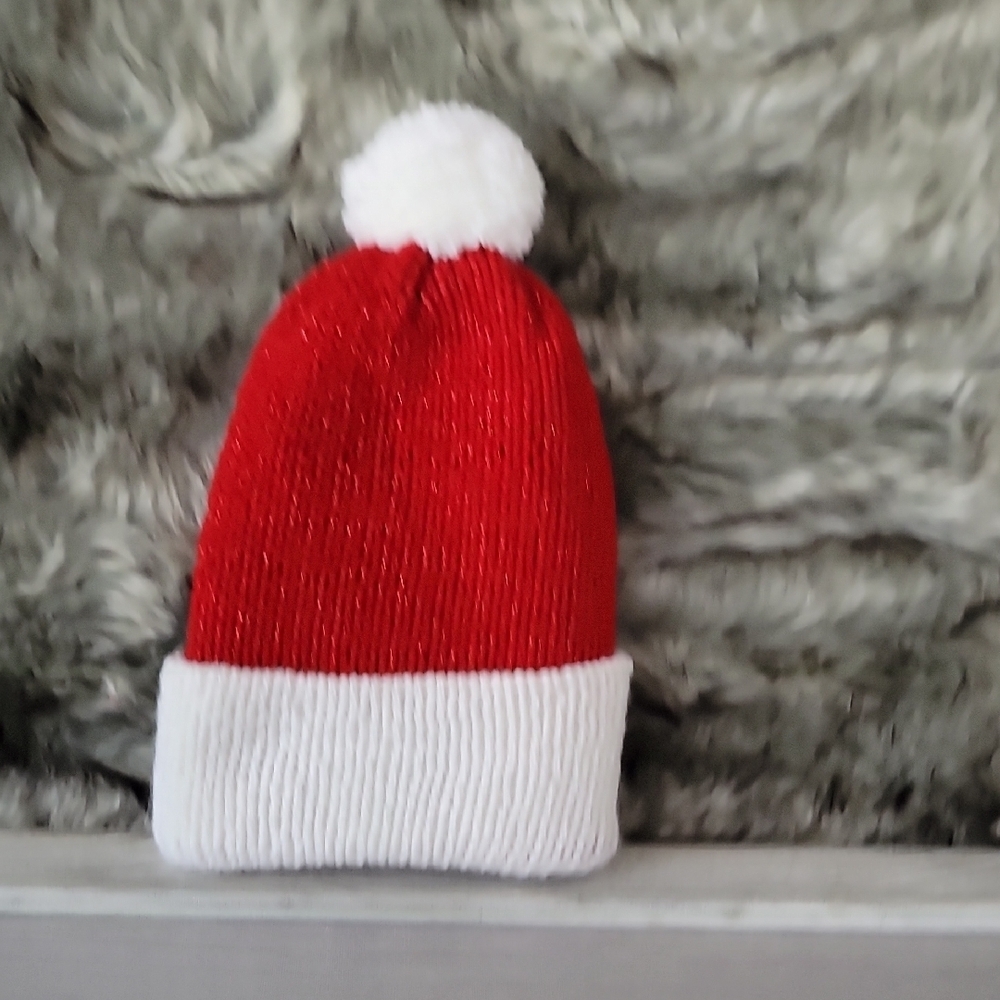 Red and White Knit Beanie with Pom-Pom
